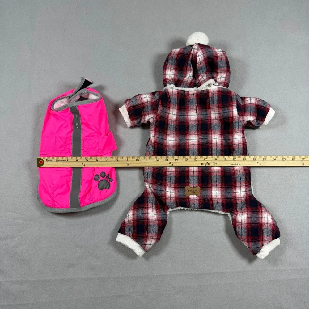 Koolaburra by UGG Dog Clothes Bundle Plaid Hooded Jumpsuit and Pink Puffer Vest